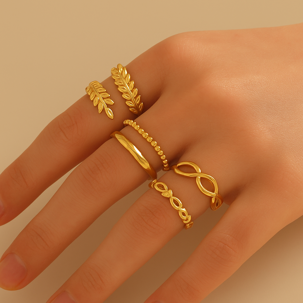 4-Piece Minimalist Ring Set – Leaf & Geometric Open Designs