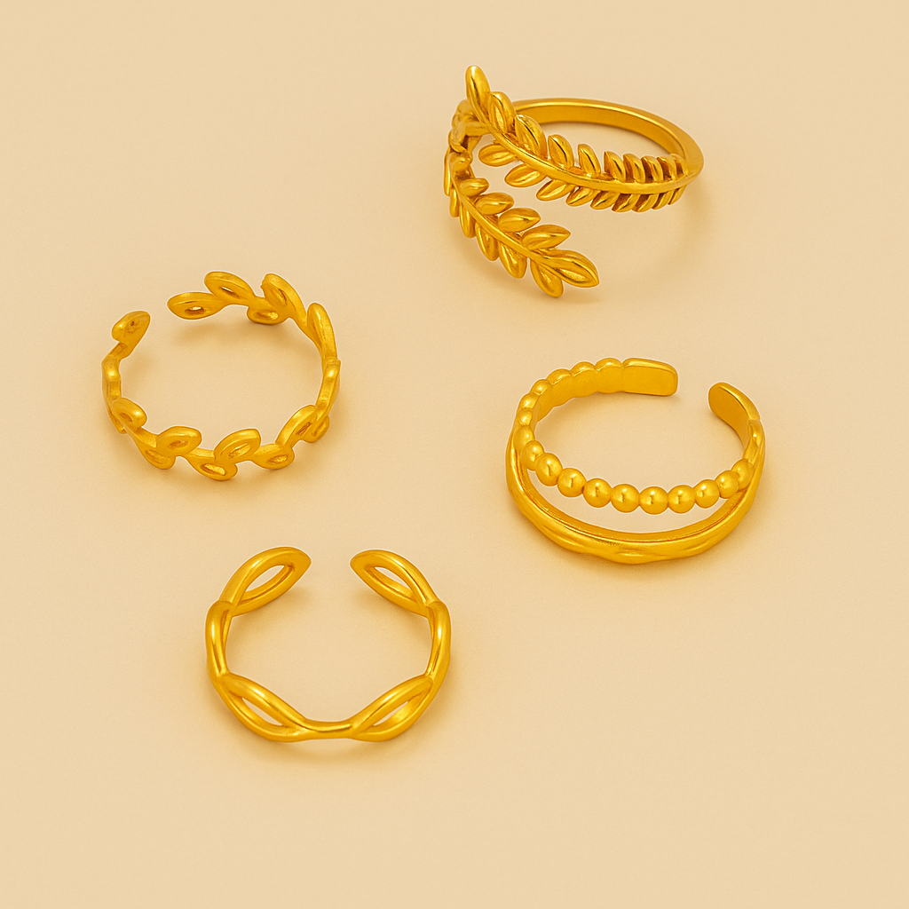 4-Piece Minimalist Ring Set – Leaf & Geometric Open Designs