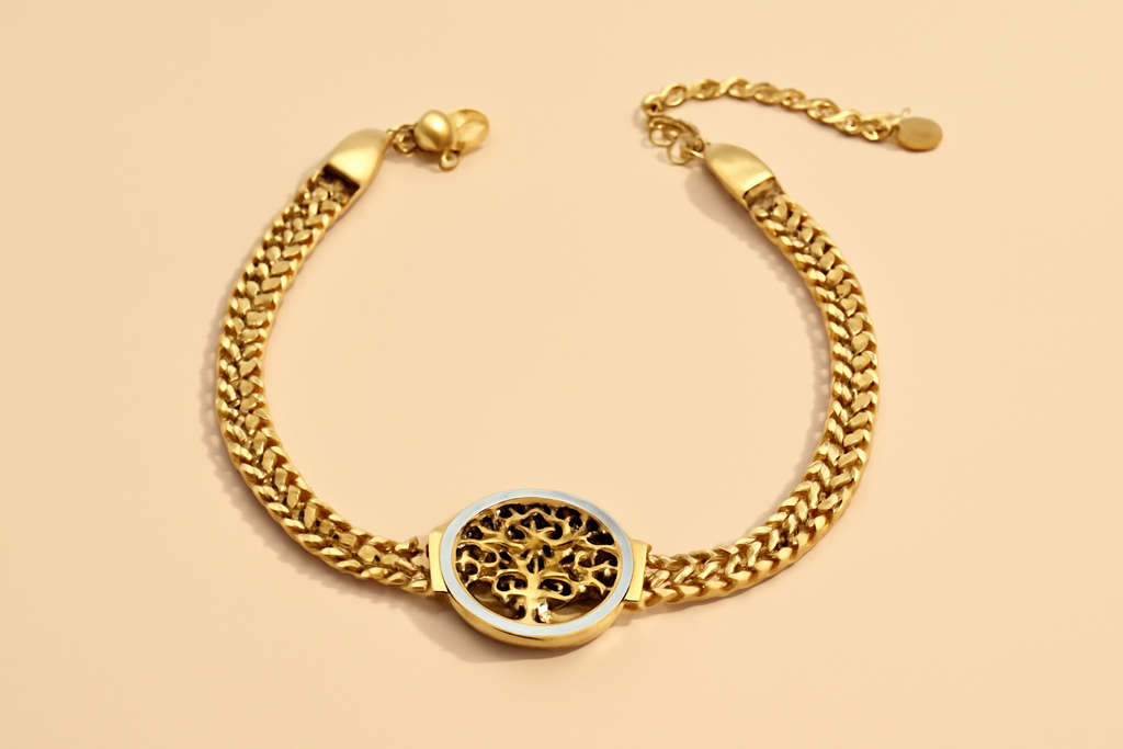 Elegant 14K gold-plated stainless steel bracelet with tree of life