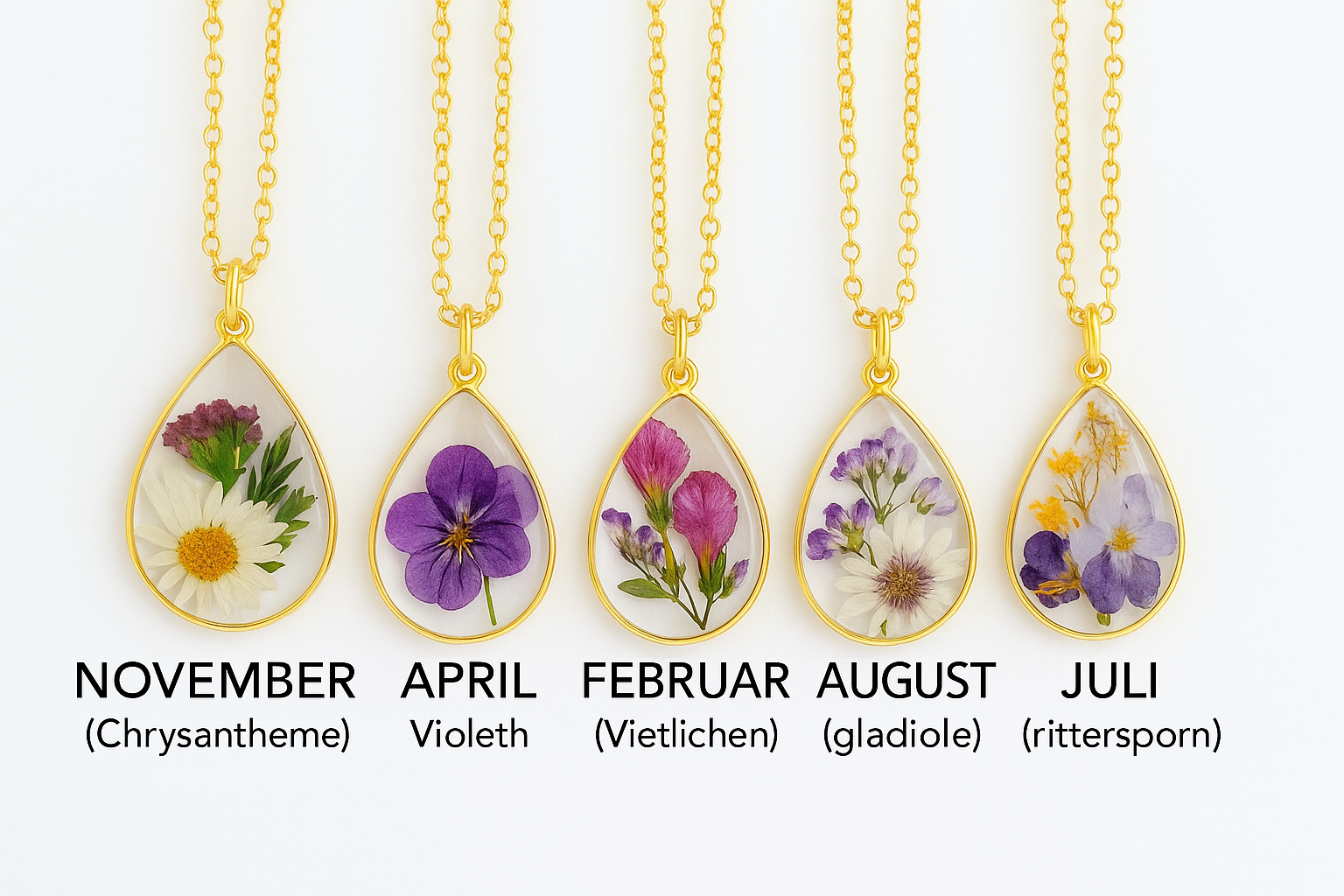 Birth flower necklace - dried flower resin jewelry