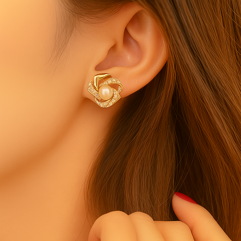 Beautiful hollow flower pearl stud earrings - zinc alloy design