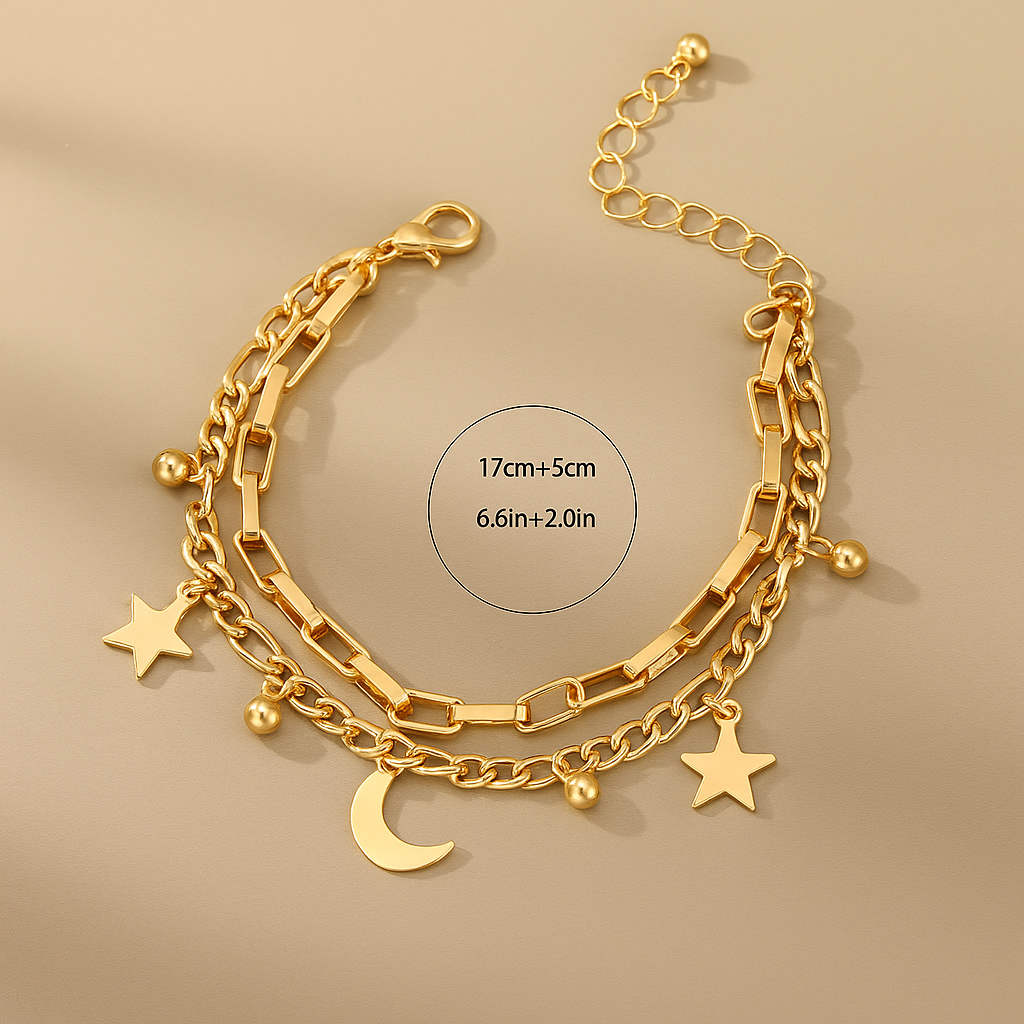 Celestial Charm Double-Layer Bracelet – Gold-Tone with Star & Moon