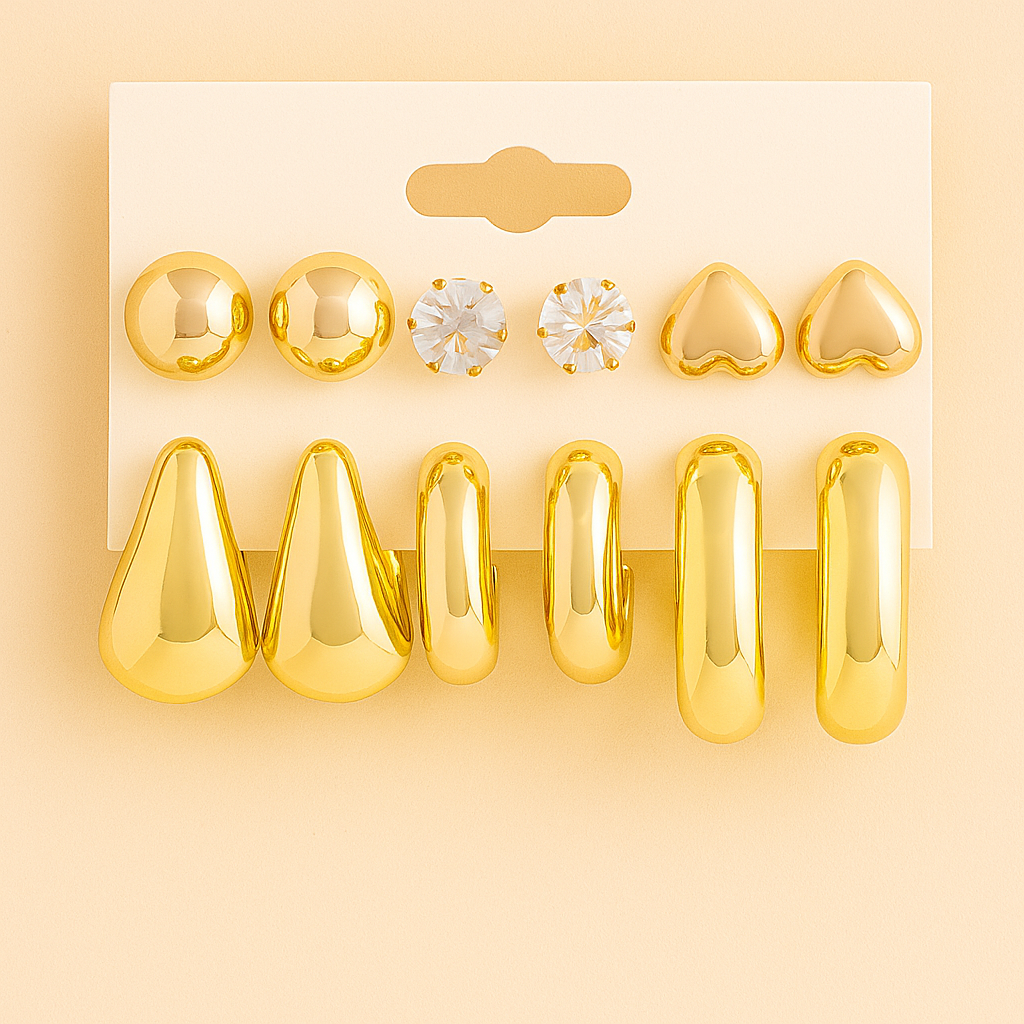 Elegant 12–24pcs Earring Set – Faux Crystal Hearts, Pearls & Gold-Tone C Hoops