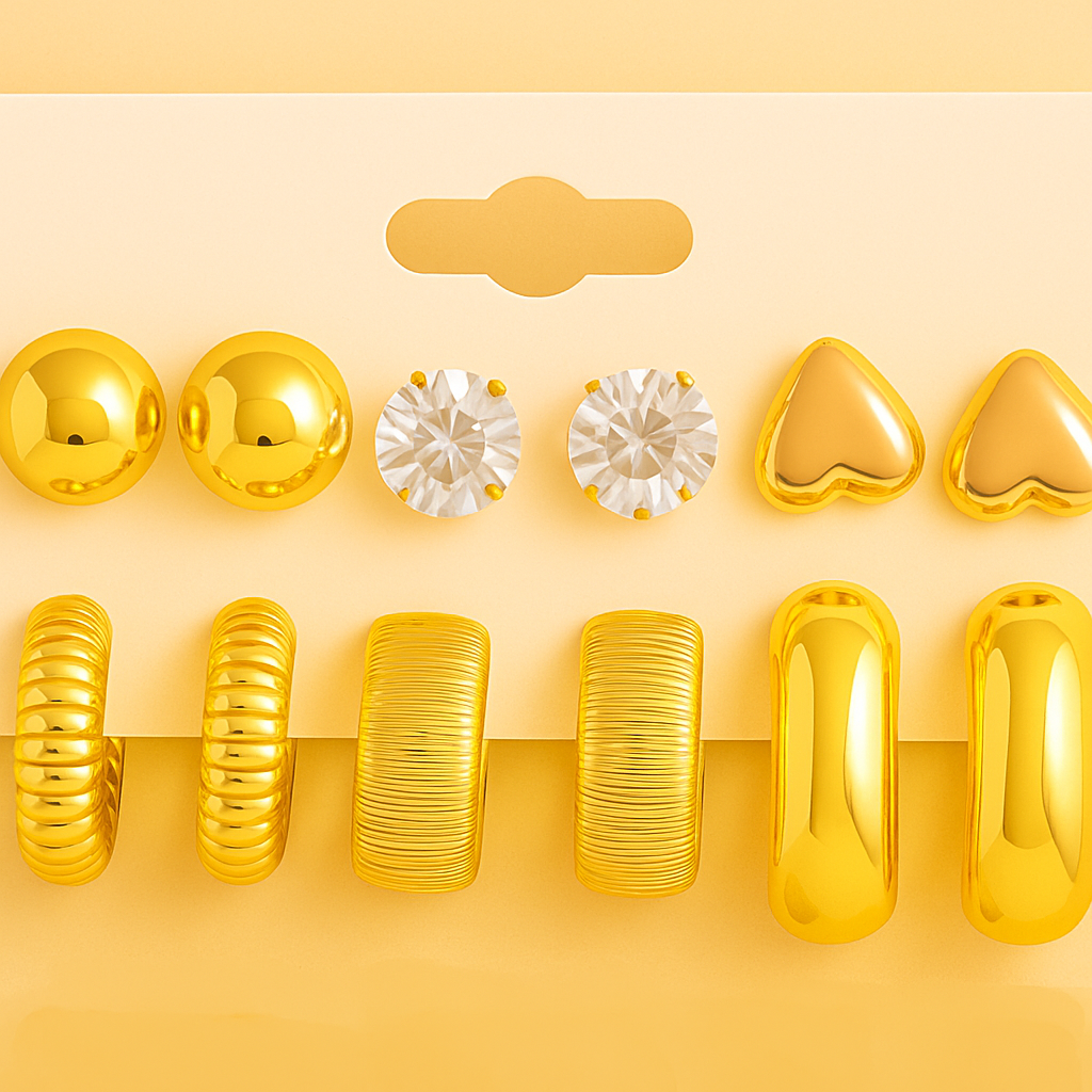 Elegant 12–24pcs Earring Set – Faux Crystal Hearts, Pearls & Gold-Tone C Hoops