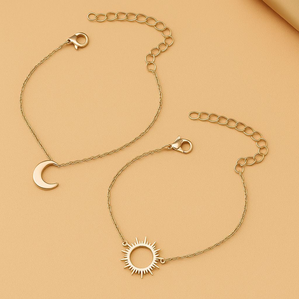Celestial Duo: Sun and Moon Bracelet Set – Elegant 2-Piece Jewelry