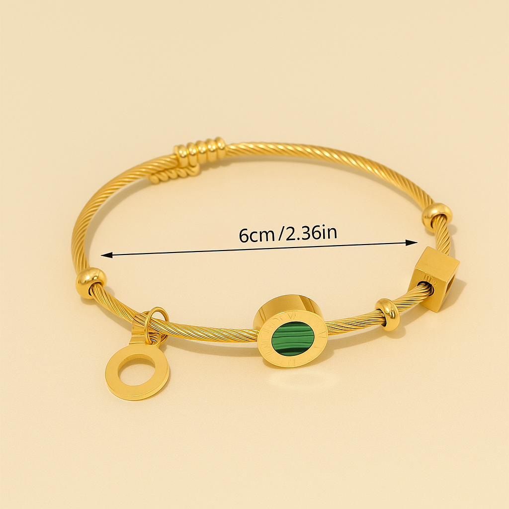 Elegant Gold Cuff Bracelet – Accented with Green Stone and Gold Beads