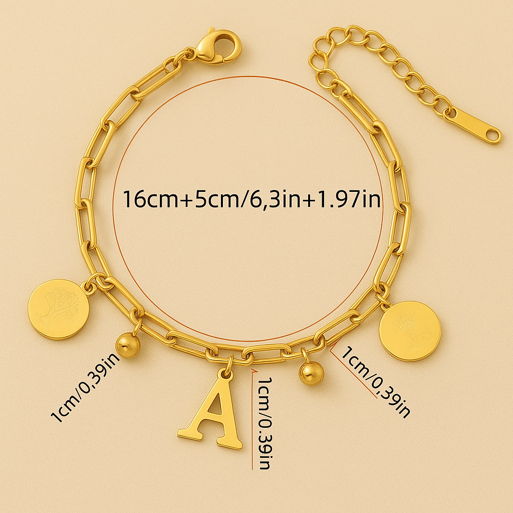 Edgy 18K Gold Bracelet – Circular Charms with Personalized Initial Pendant
