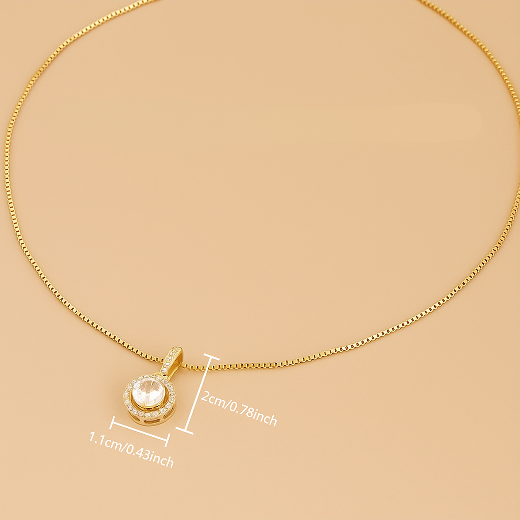 18K Gold Plated Halo Pendant Necklace – Round Cubic Zirconia Sparkle