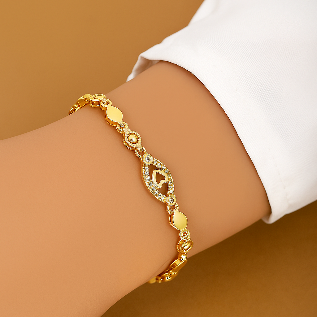 Heart and Leaf Design Bracelet with Sparkling Cubic Zirconia