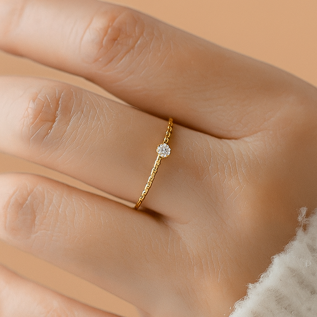Gold-Tone Hammered Ring with Minimalist Rhinestone Accent