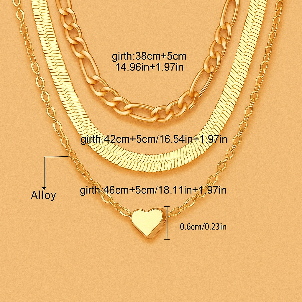 Layered Snake & Cuban Chain Necklace with Heart Pendant