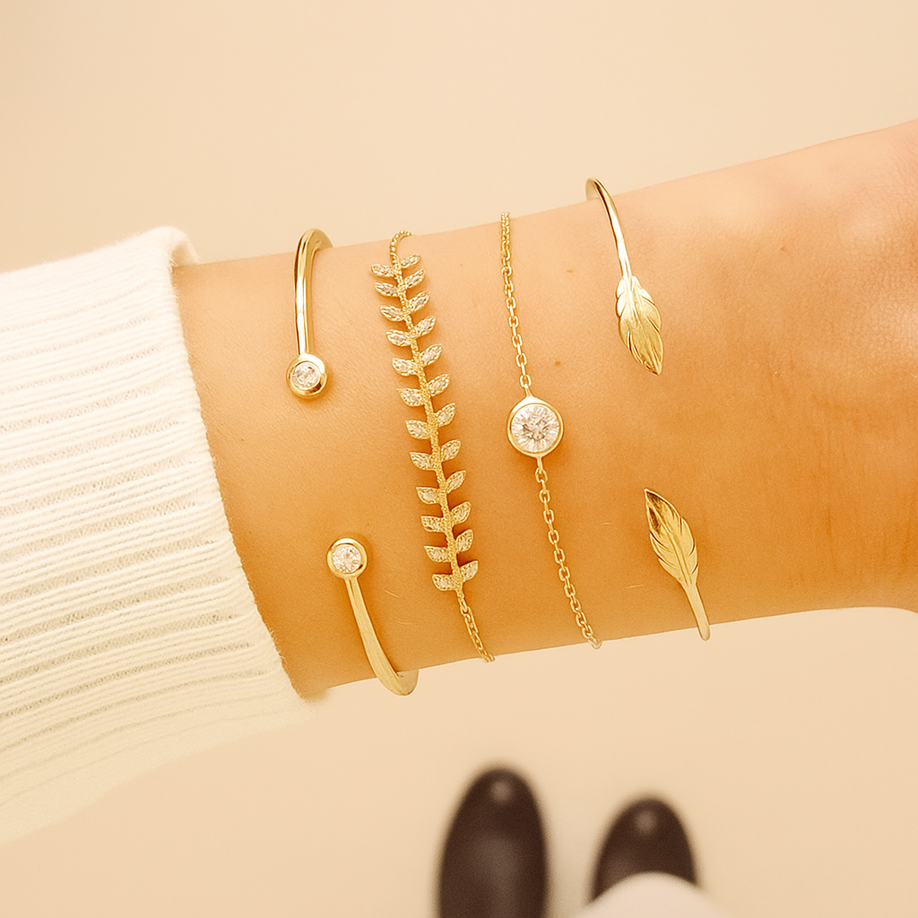 Boho-Chic Bracelet Set – 4pcs Wheat & Leaf-Inspired Design