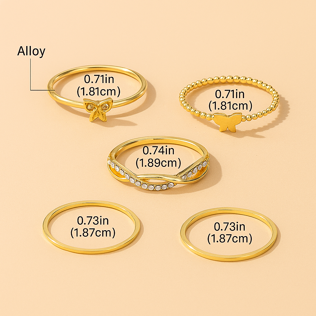 5-Piece Gold-Tone Ring Set – Butterfly, Twisted & Rhinestone Styles