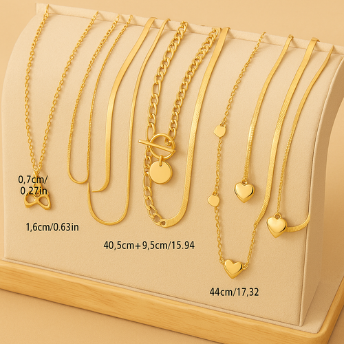 10-Piece Necklace Set – Elegant Layered Snake Chains with Heart Pendants