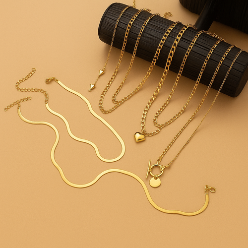 10-Piece Necklace Set – Elegant Layered Snake Chains with Heart Pendants
