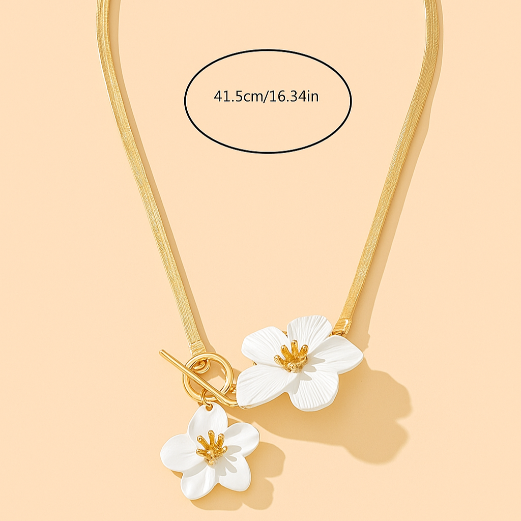 Gold-Tone Necklace with Double White Floral Pendants – Delicate & Feminine