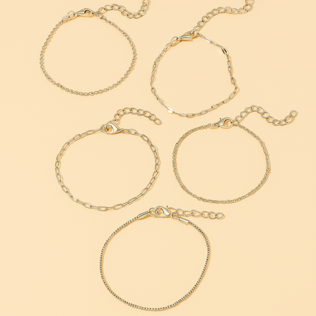 Elegant Thin Chain Bracelet Set – 5-Piece Gold-Tone Collection