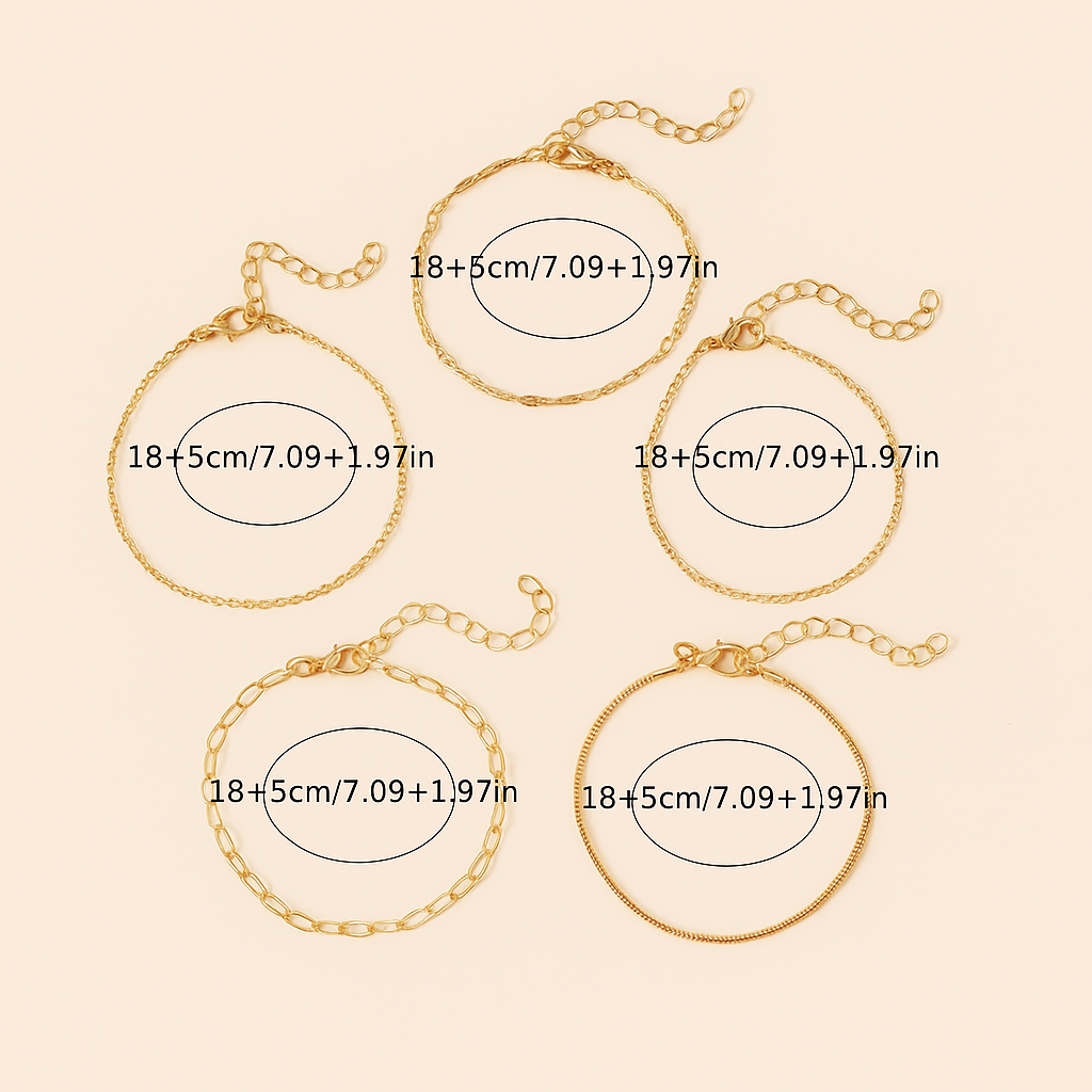 Elegant Thin Chain Bracelet Set – 5-Piece Gold-Tone Collection