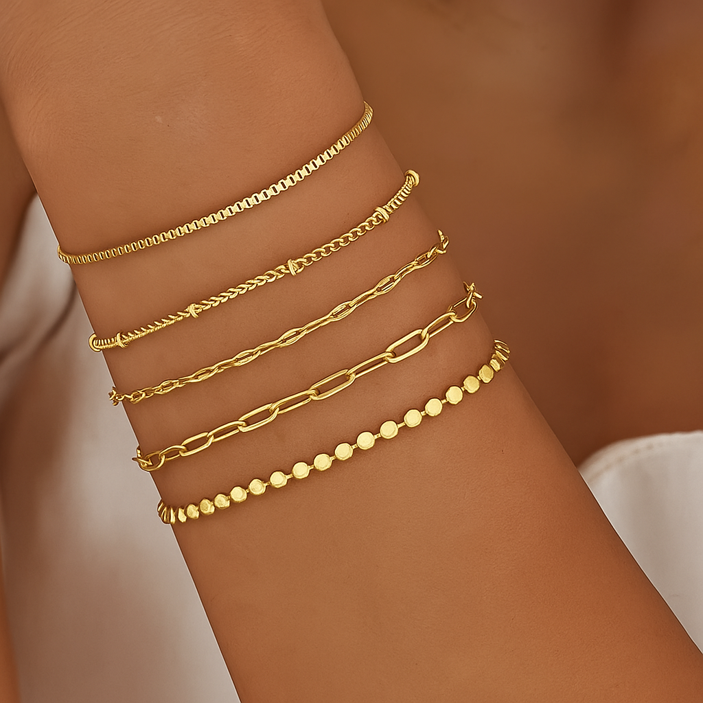 Elegant Thin Chain Bracelet Set – 5-Piece Gold-Tone Collection