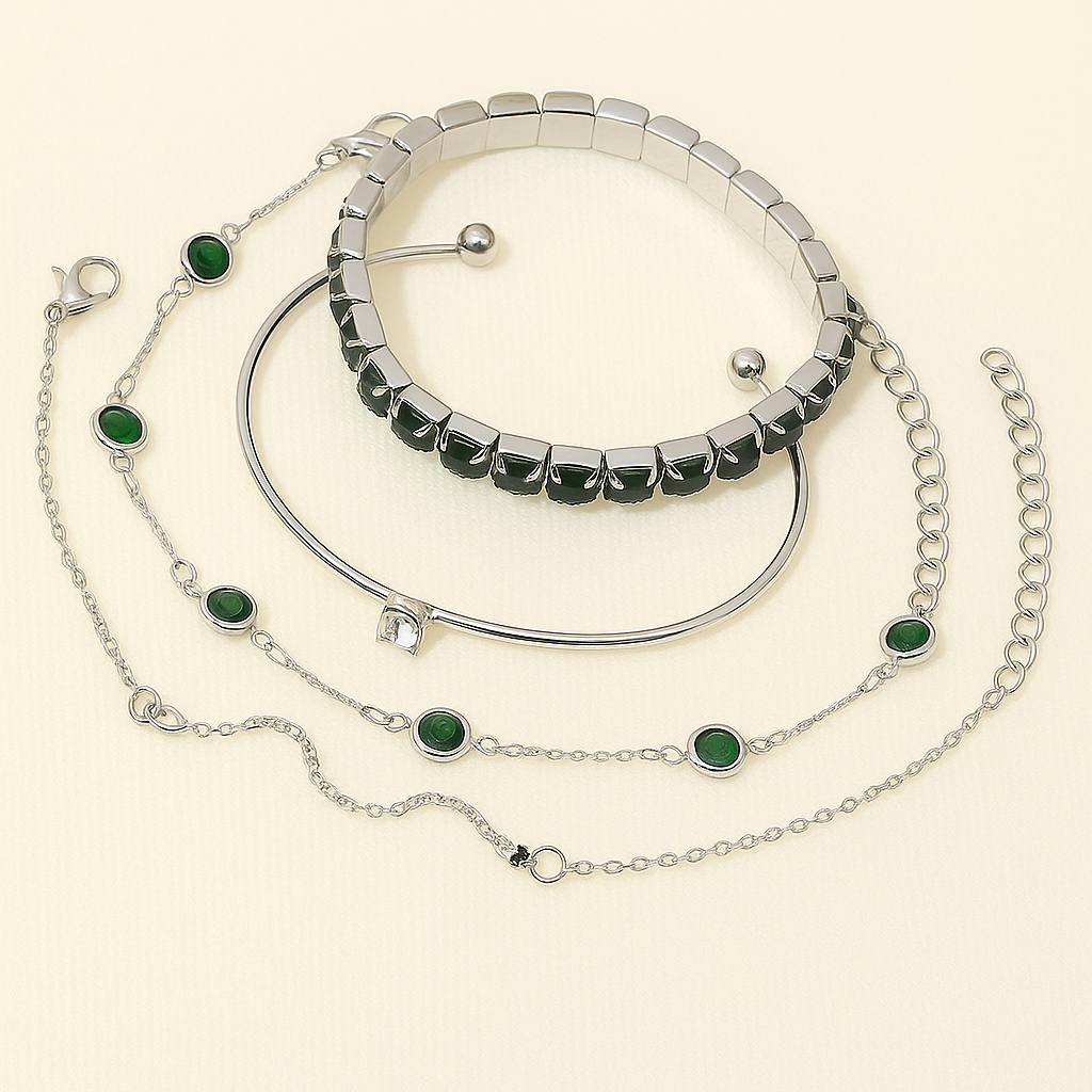 Green Gemstone Bracelet Set – Elegant Snake Chains with Rhinestone Detail