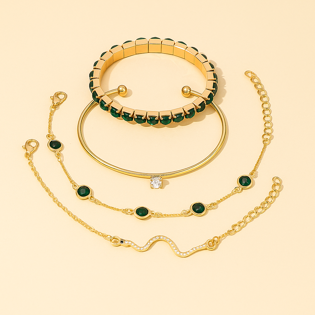Green Gemstone Bracelet Set – Elegant Snake Chains with Rhinestone Detail