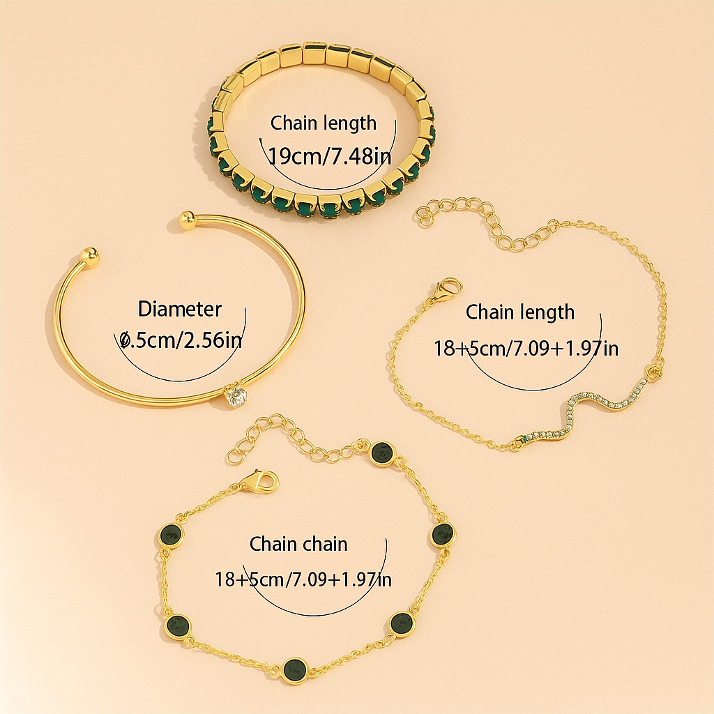 Green Gemstone Bracelet Set – Elegant Snake Chains with Rhinestone Detail