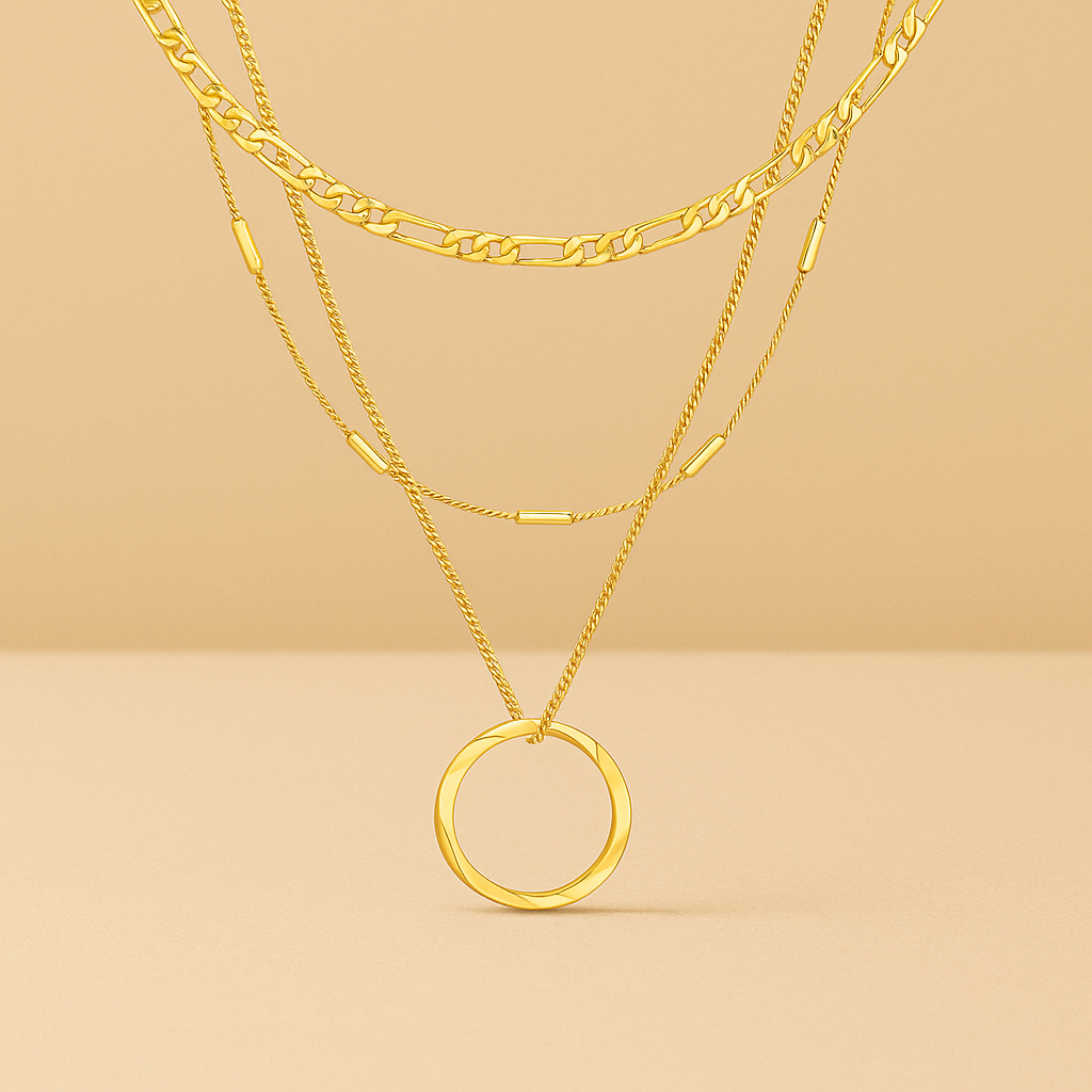 Triple Row Open Circle Necklace in 18k Gold