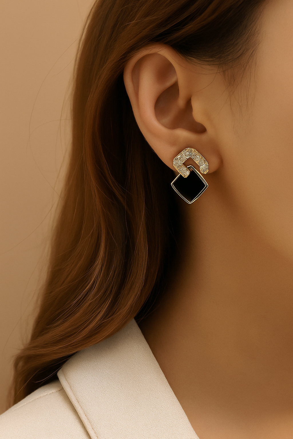 Elegant black square earrings with glass accents