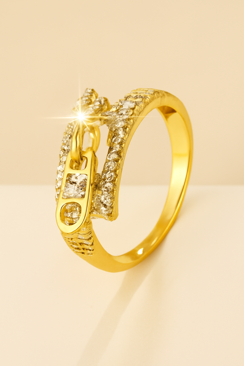 Synthetic cubic zirconia ladies' ring with stylish zipper design