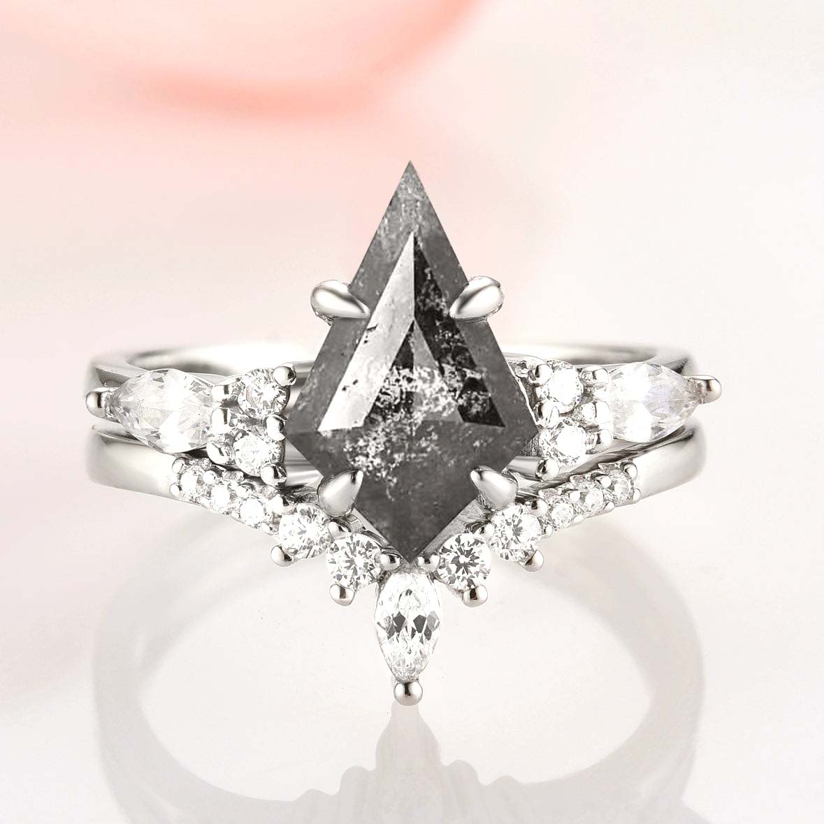 Raw diamond ring with salt-and-pepper effect - Galaxy-inspired engagement set in kite cut