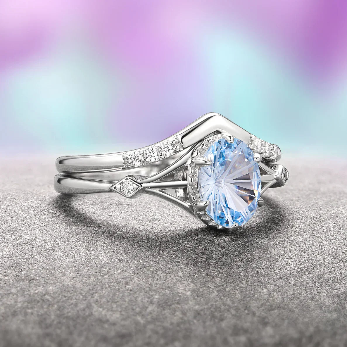 Celtic-inspired gemstone ring set - morganite, aquamarine & ruby