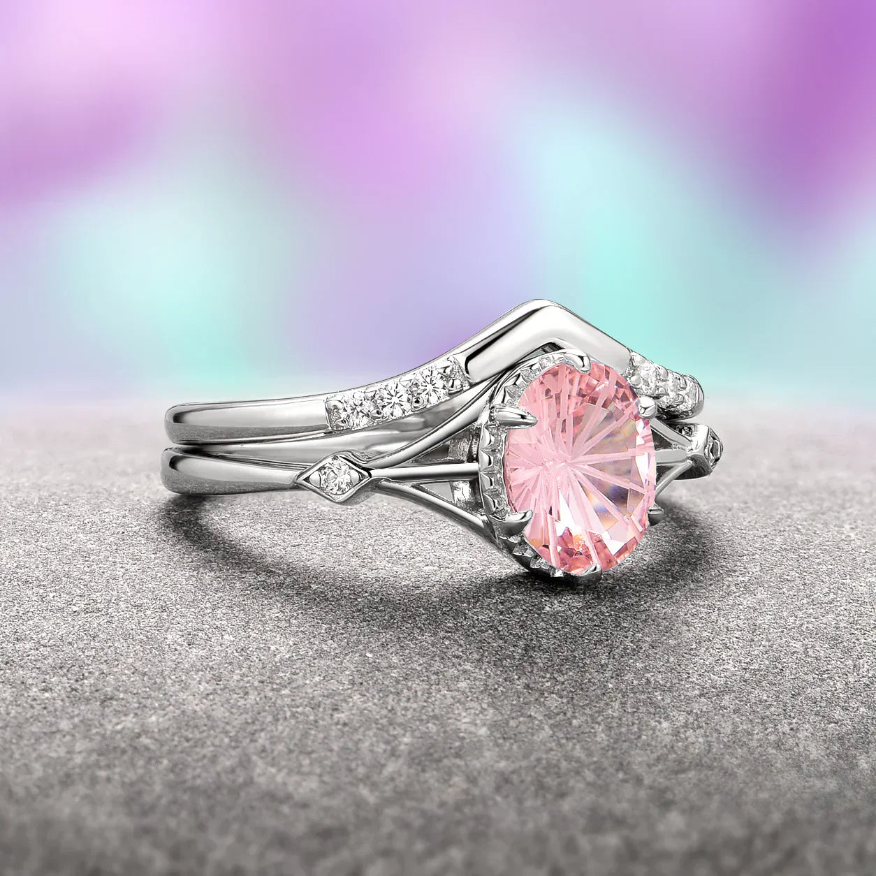 Celtic-inspired gemstone ring set - morganite, aquamarine & ruby