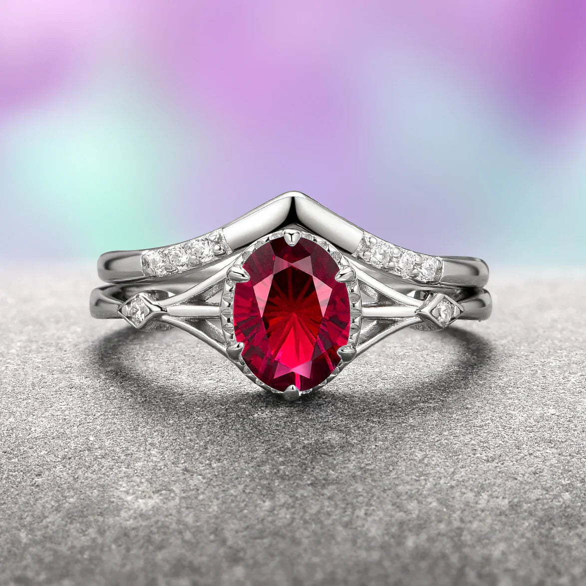 Celtic-inspired gemstone ring set - morganite, aquamarine & ruby