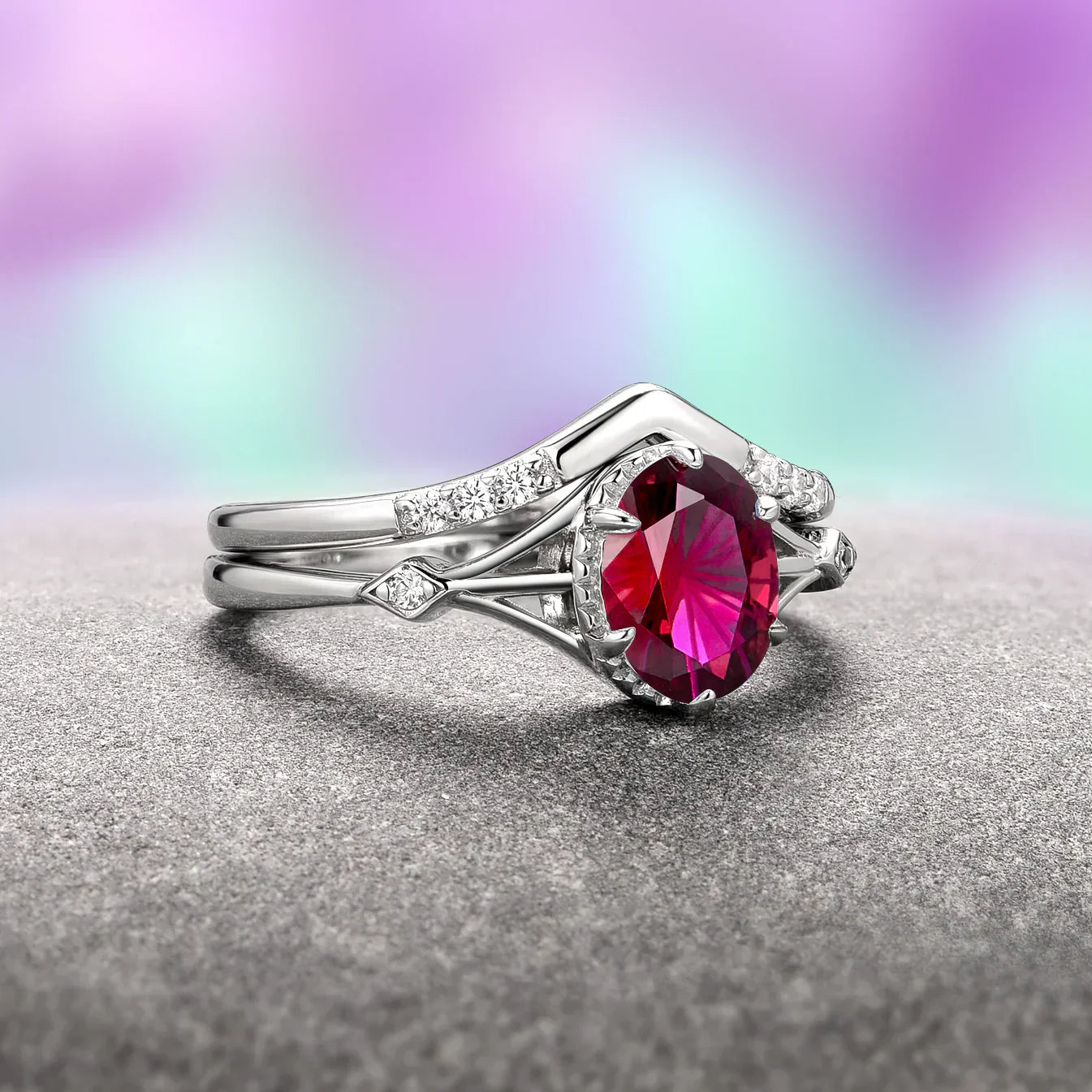 Celtic-inspired gemstone ring set - morganite, aquamarine & ruby