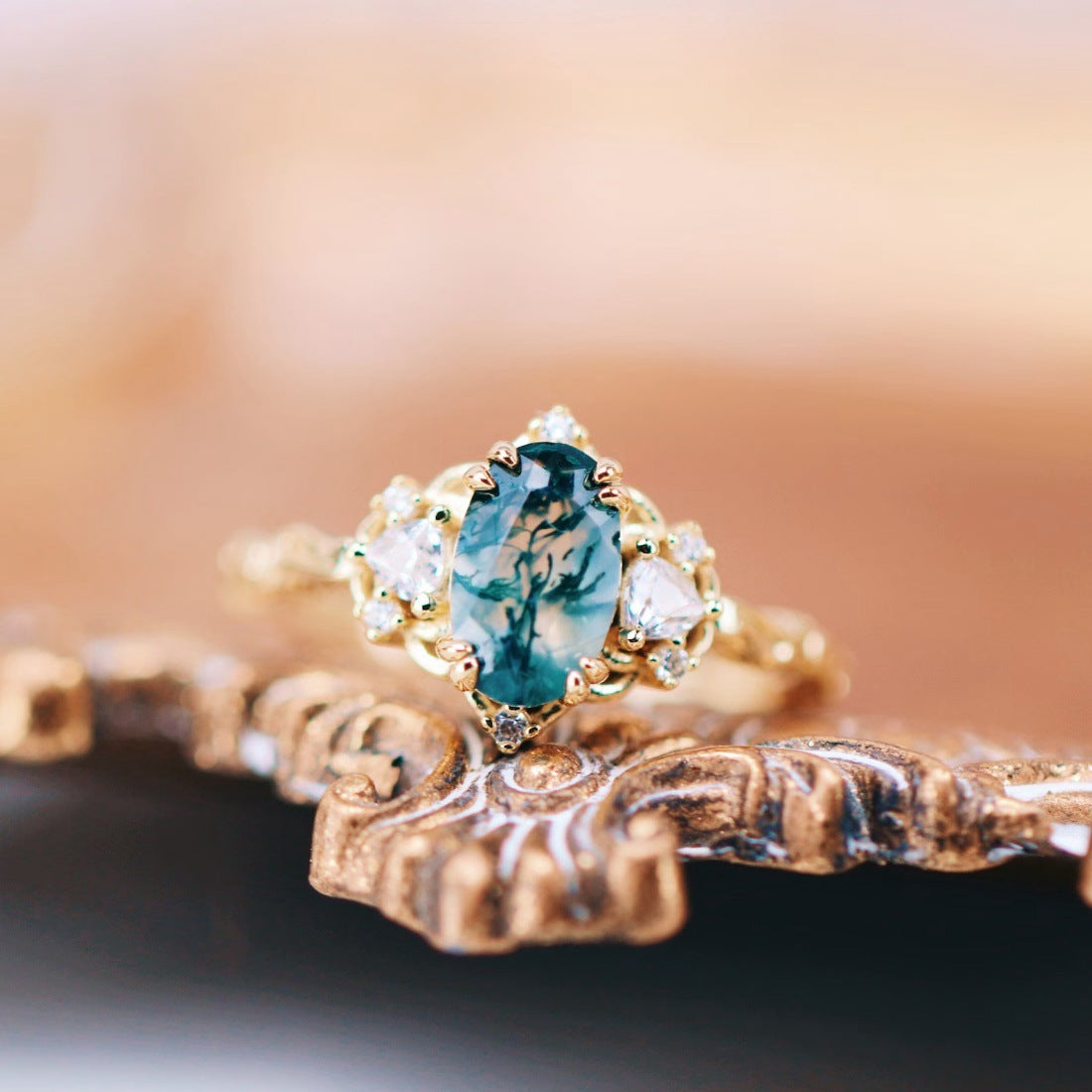 Green moss agate ring in 14K yellow gold
