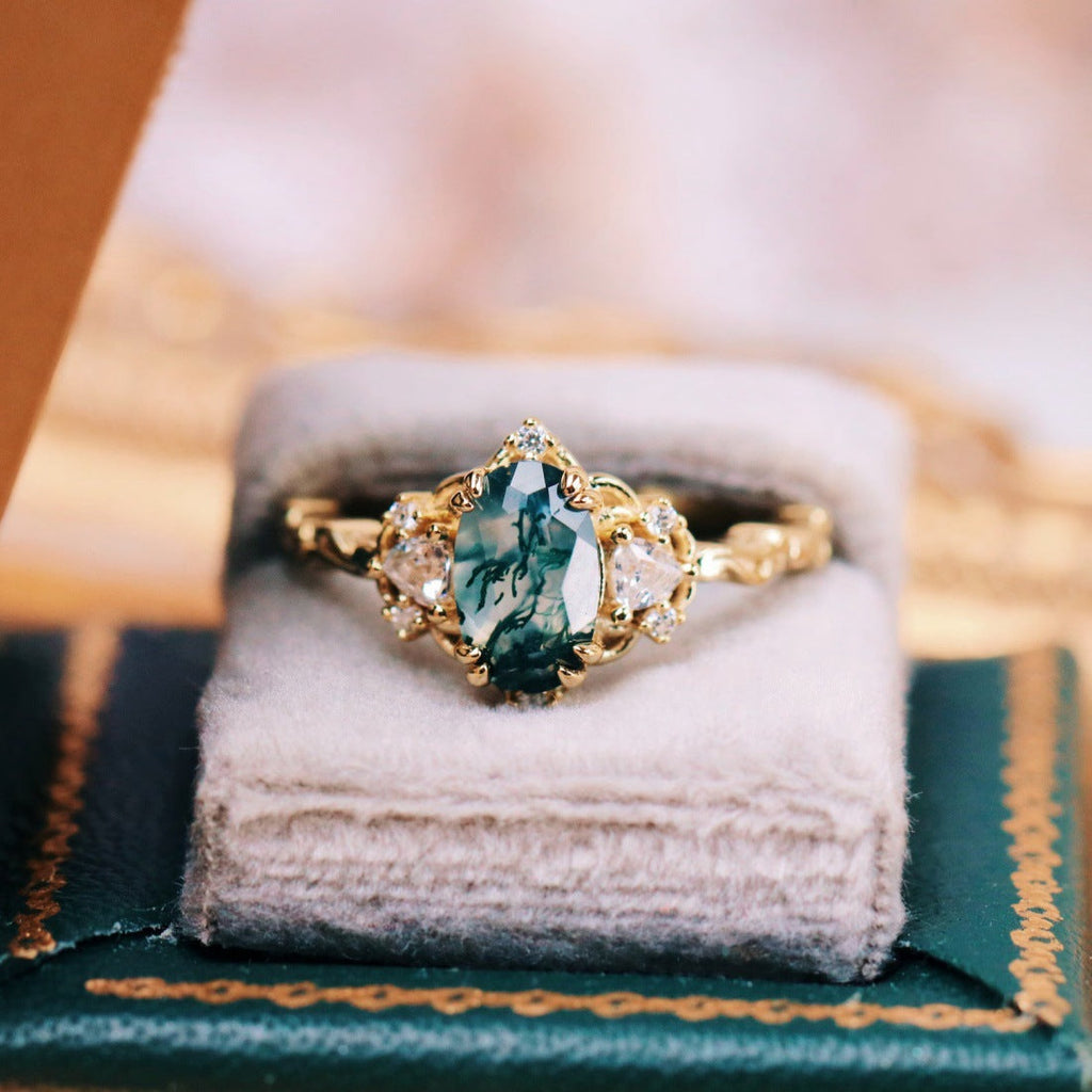 Green moss agate ring in 14K yellow gold
