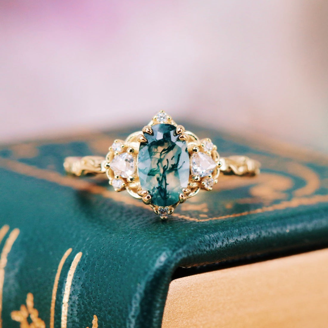 Green moss agate ring in 14K yellow gold