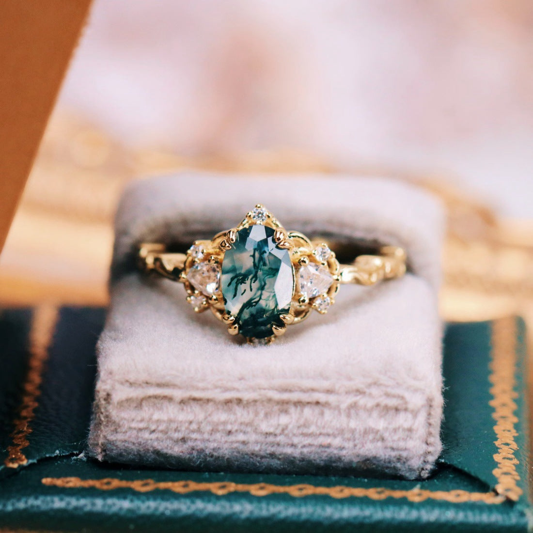 Green moss agate ring in 14K yellow gold
