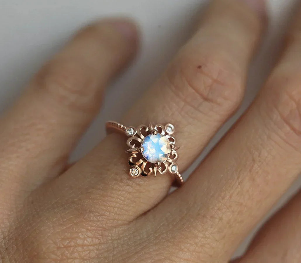 Delicate 14K rose gold moonstone ring - Stackable & adjustable