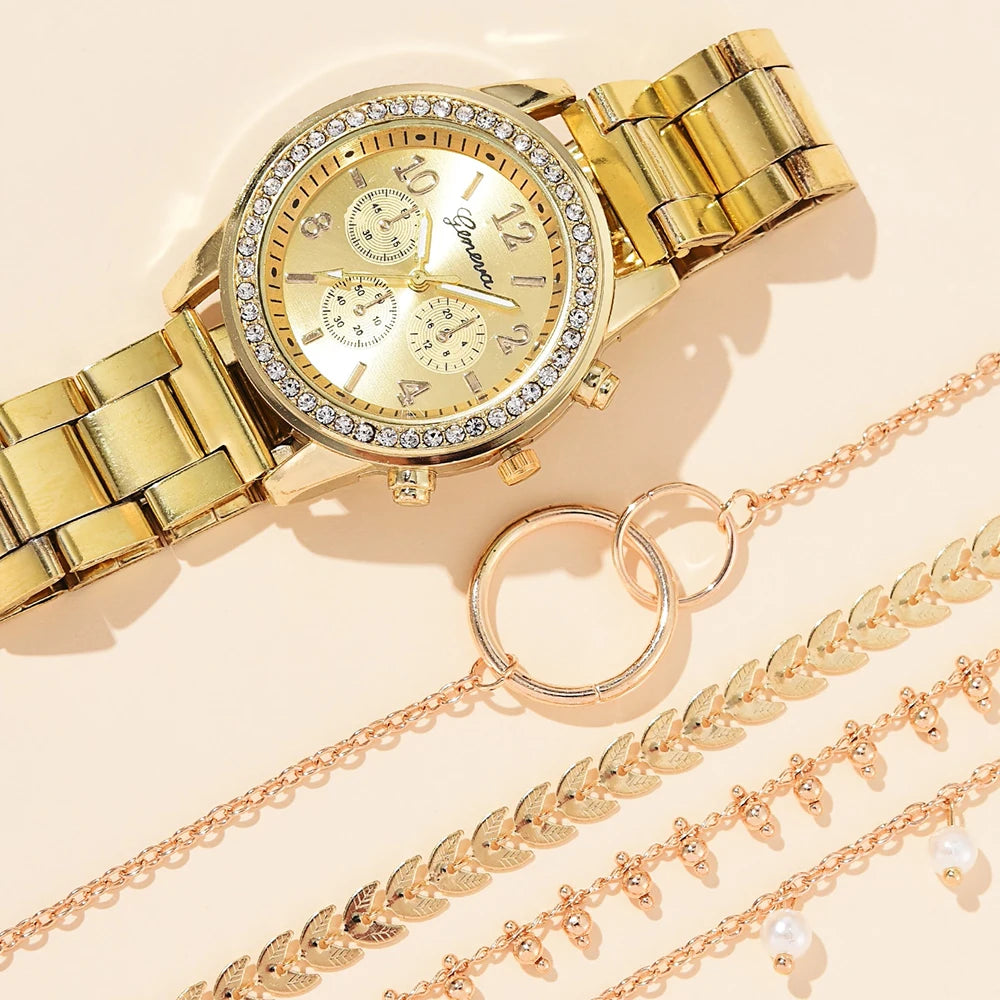 Women's 5 Pieces Quartz Watch Set with  Rhinestone
