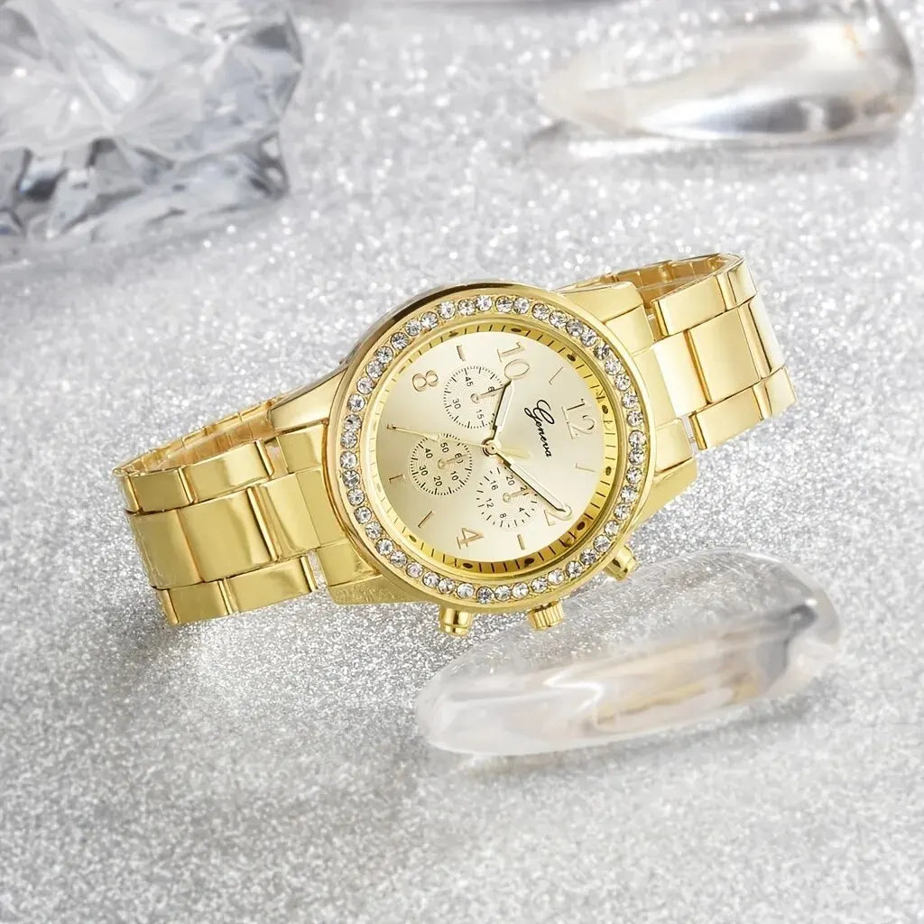 Women's Luxury 5 Pcs Gold Rhinestone Watch Set