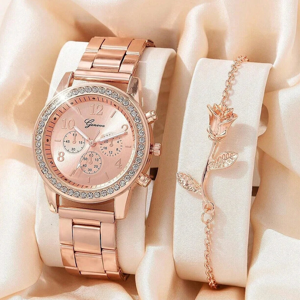 Women's 5 Pieces Quartz Watch Set with  Rhinestone