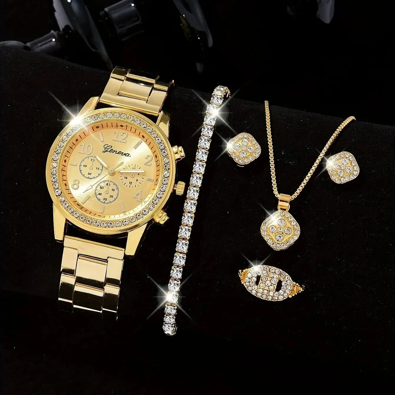 Women's Luxury 5 Pcs Gold Rhinestone Watch Set