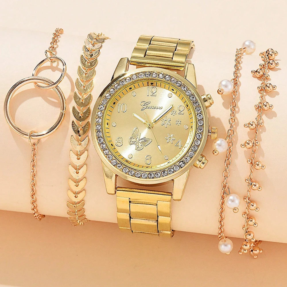 Women's 5 Pieces Quartz Watch Set with  Rhinestone