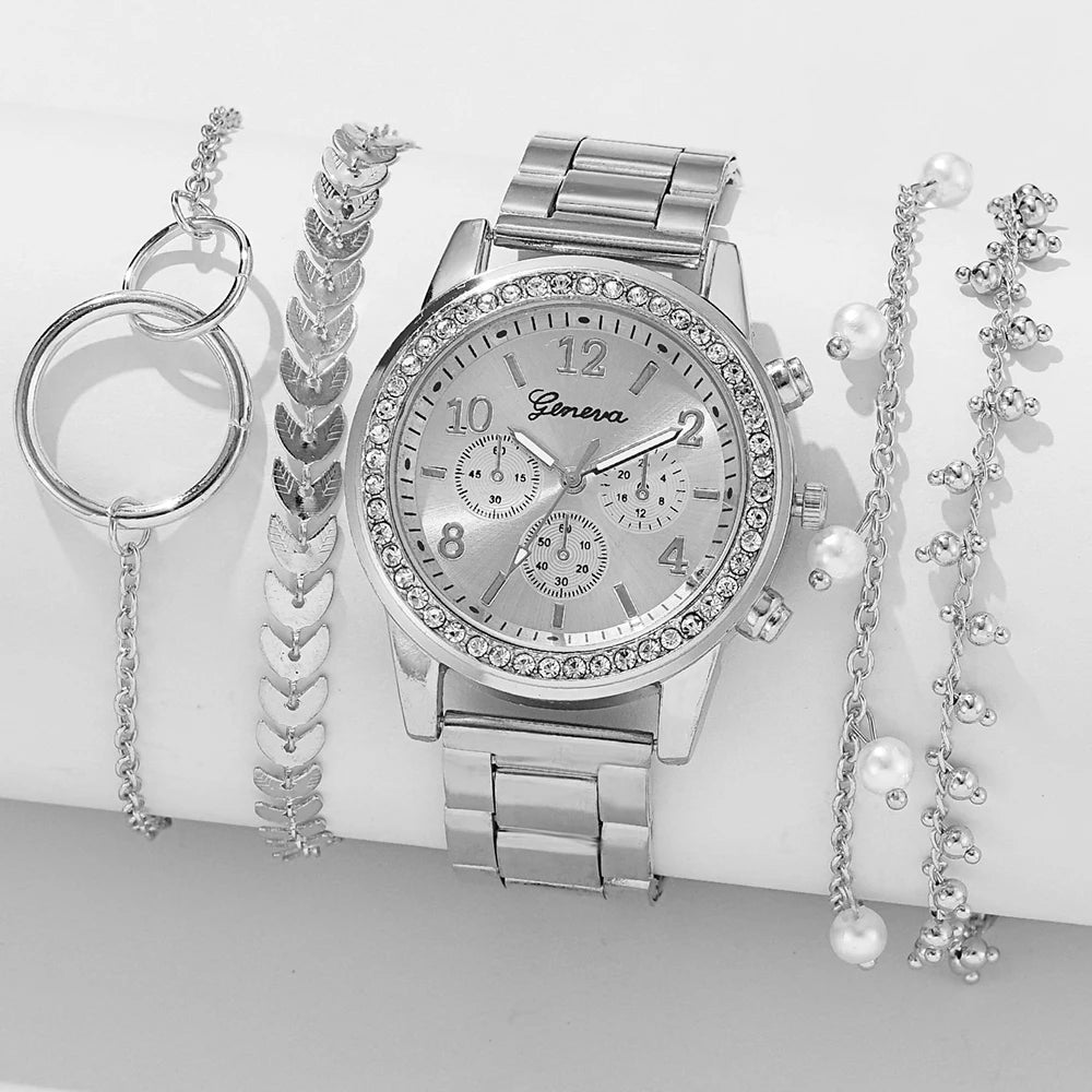 Women's 5 Pieces Quartz Watch Set with  Rhinestone