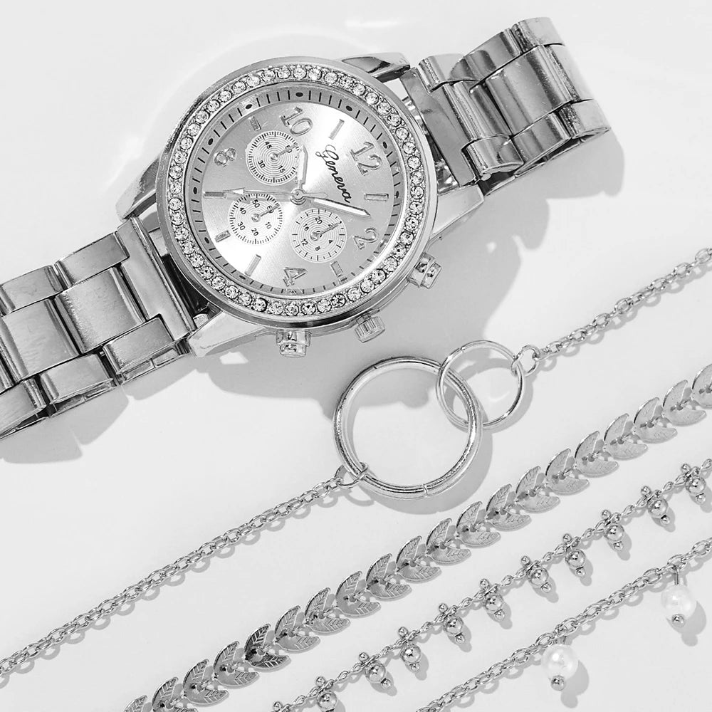 Women's 5 Pieces Quartz Watch Set with  Rhinestone