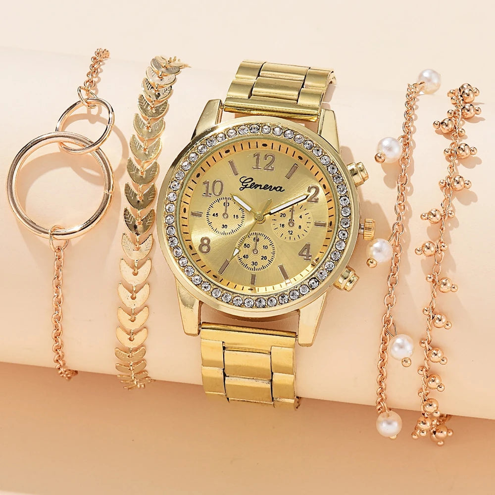 Women's 5 Pieces Quartz Watch Set with  Rhinestone