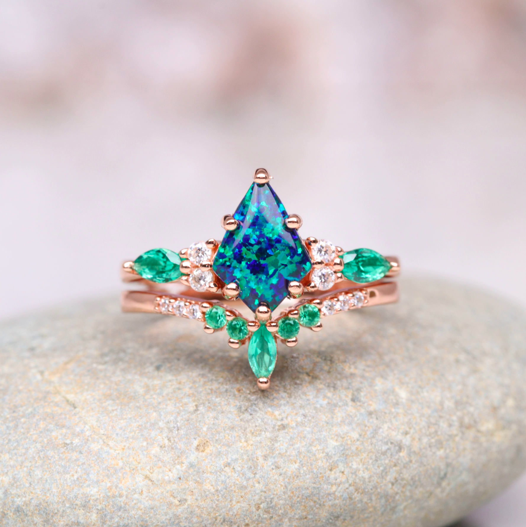 Skye pair ring set - peacock opal in peacock blue, rose gold-plated & tungsten