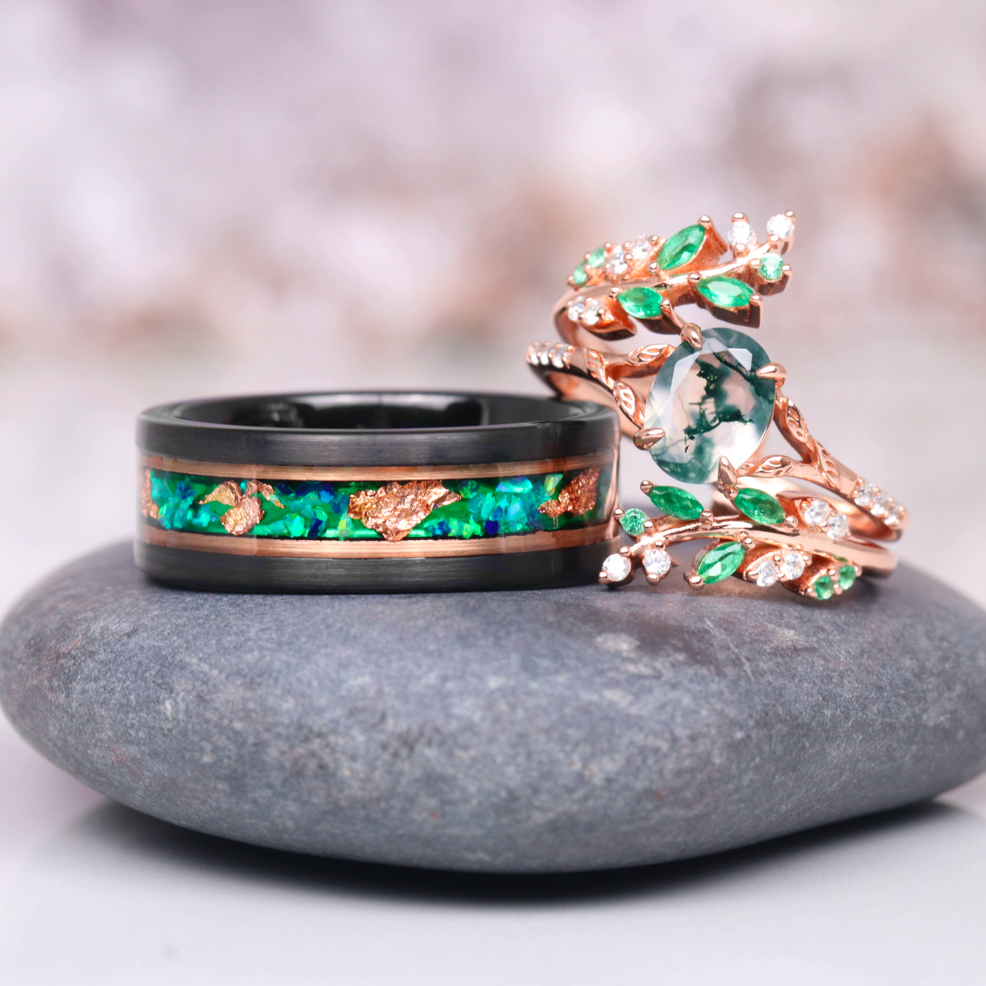 Green fire opal and moss agate ring - a natural piece of jewelry for couples