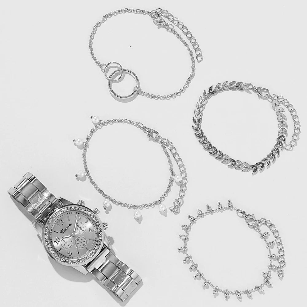 Women's 5 Pieces Quartz Watch Set with  Rhinestone